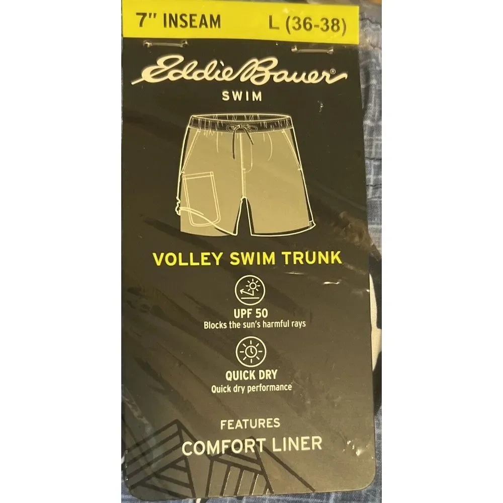 New $46 Eddie Bauer Volley Swim Trunks Shorts Mens Blue Orca Lined EMS4384 Large